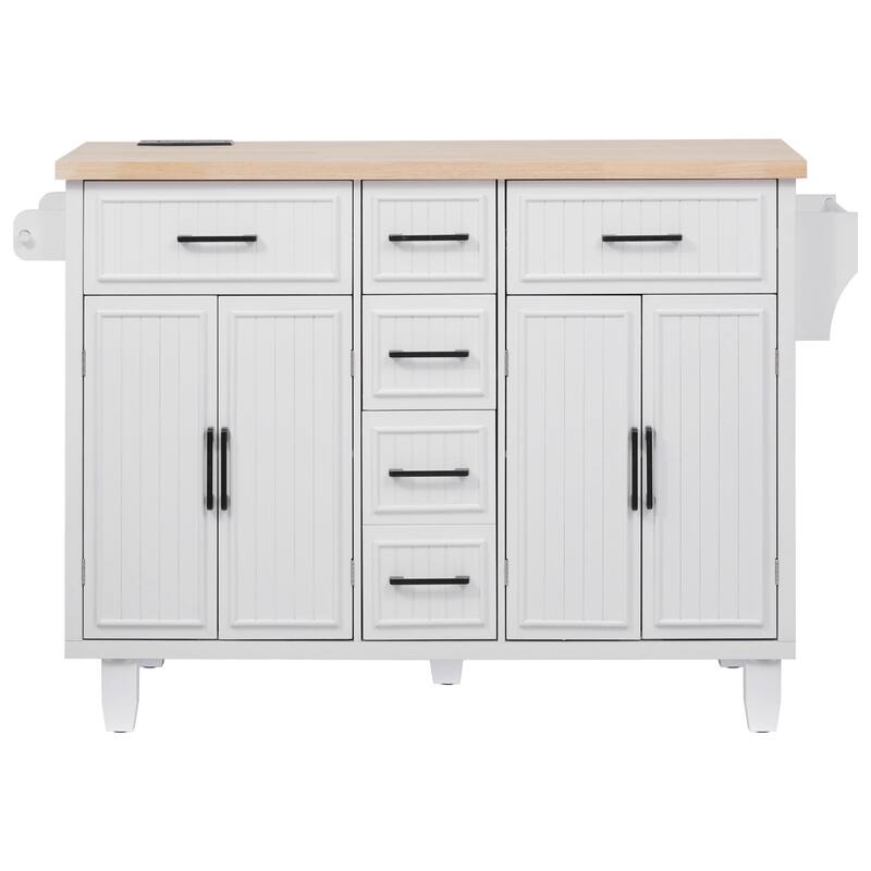 56.5'' Rubber Wood Kitchen Island with Drop Leaf, Power Outlet, Rolling Wheels, 5 Deep Drawers and Adjustable Shelves