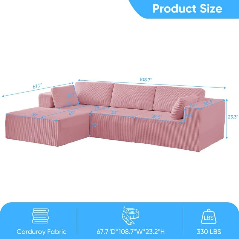 Mixoy 3-Pcs Free Combination Modular Sectional Sofas,Corduroy Compressed L-Shaped Sofa with Flexible Configuration - 3-Seater