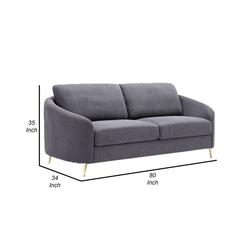 Nial 80 Inch Sofa, Linen Upholstery, Pine Wood, Smooth Gray, Gold Legs