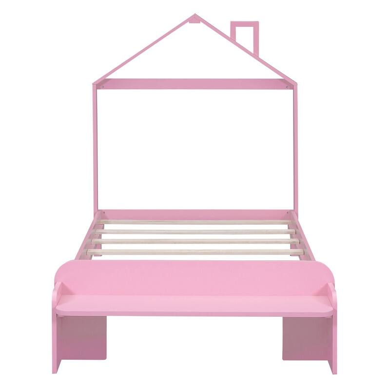 Full Size Wood Platform Bed with House-shaped Headboard and Footboard Bench