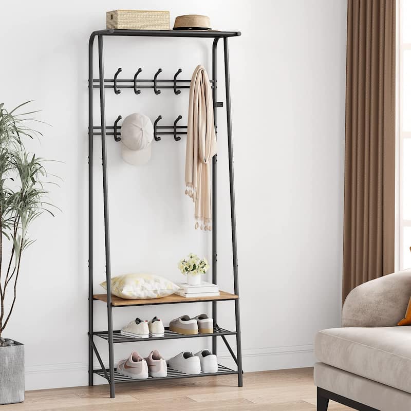 Hall Tree With Shoe Storage Bench, 4-In-1, Steel Frame With 10 Hooks for Entryway, Freestanding Coat Rack Stand - Brown