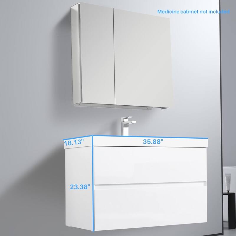 Blossom Assisi Glossy White 36 Inch Wall Mounted Bathroom Vanity with Acrylic Sink