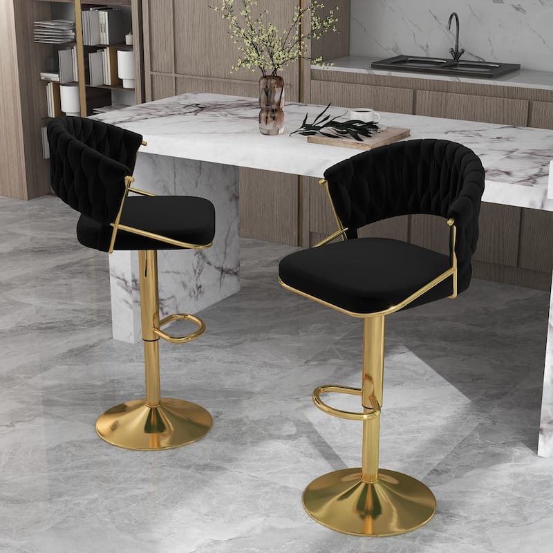 Set of 2 Modern Velvet Adjustable Bar Stools with Backs - Set of 2 - Black