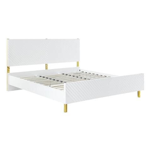 Tyra Modern Wood King Bed, Panel Headboard, Textured Chevron, White, Gold