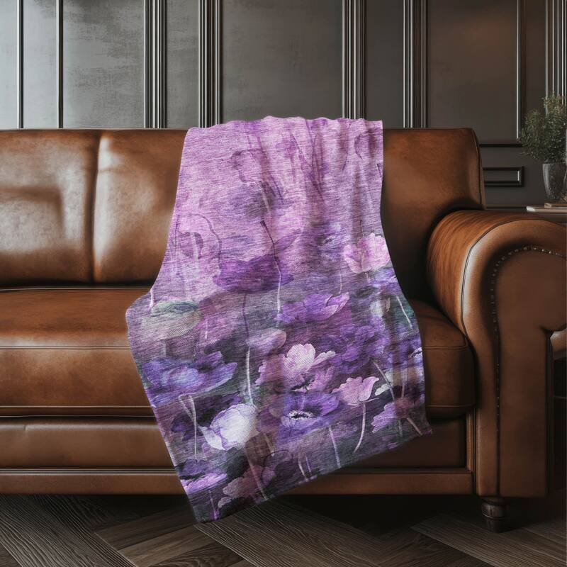 Premium Machine Washable Modern Floral Sherpa Throw Blanket - Purple - 4'2" x 5'10"