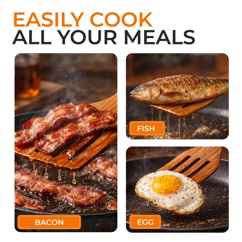 Cheer Collection Teak Wood Slotted Cooking Spatula with Drain Slots for Nonstick Cookware