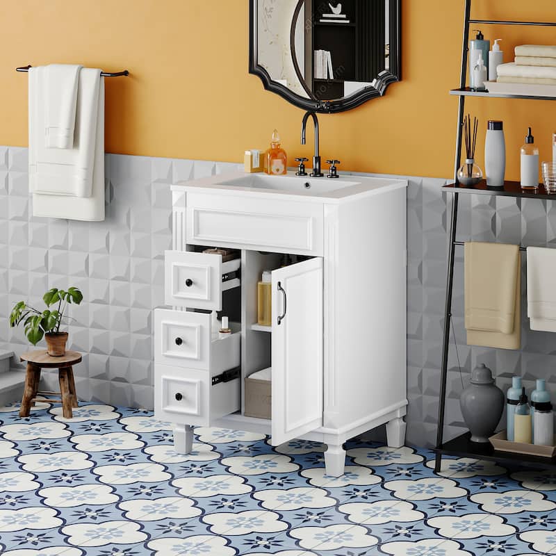 24" Bathroom Vanity with Ceramic Sink - Modern 2-Drawer Storage Cabinet, Adjustable Shelf, Space-Saving Design