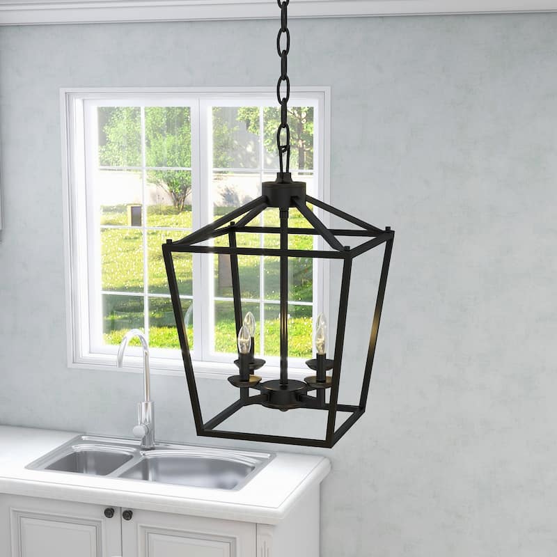 4 Light Matte Black Lantern Pendant - 12"x12"x18"