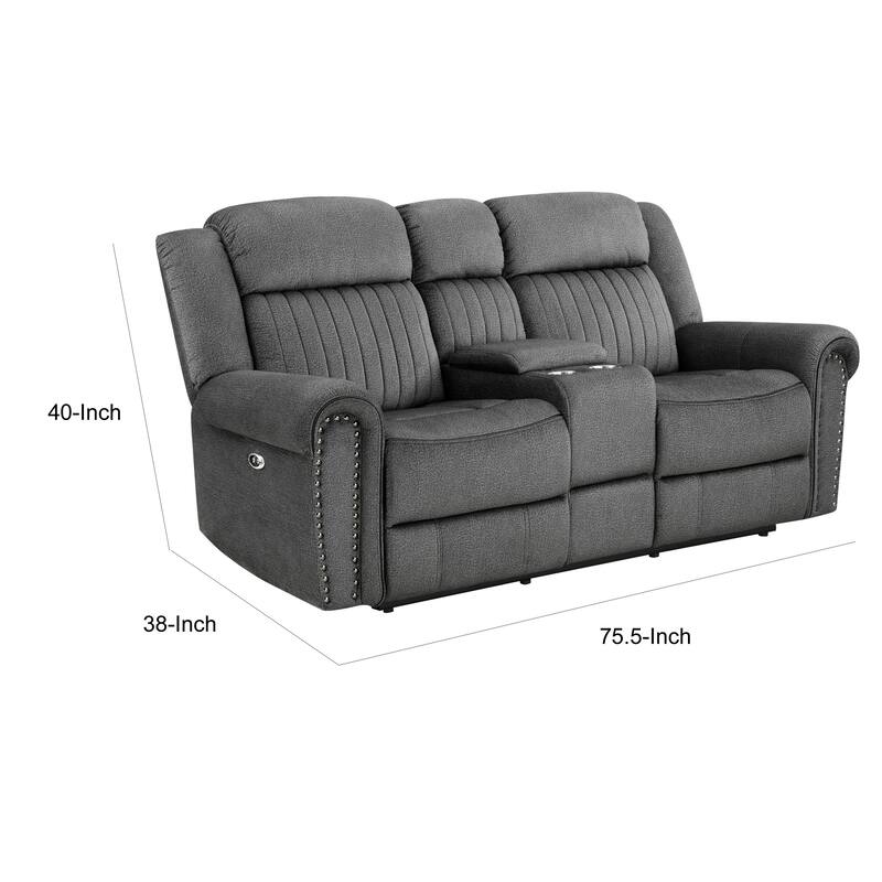 Ben 76 Inch Power Double Recliner Loveseat, Gray Microfiber, Console, Cupholders