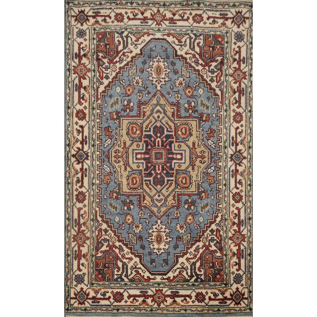 Hand Knotted Oriental 100% Wool Carpet Traditional Medallion Navy Blue & Blues Heriz (serapi) Area Rug - 5' 10'' X 4' 0''