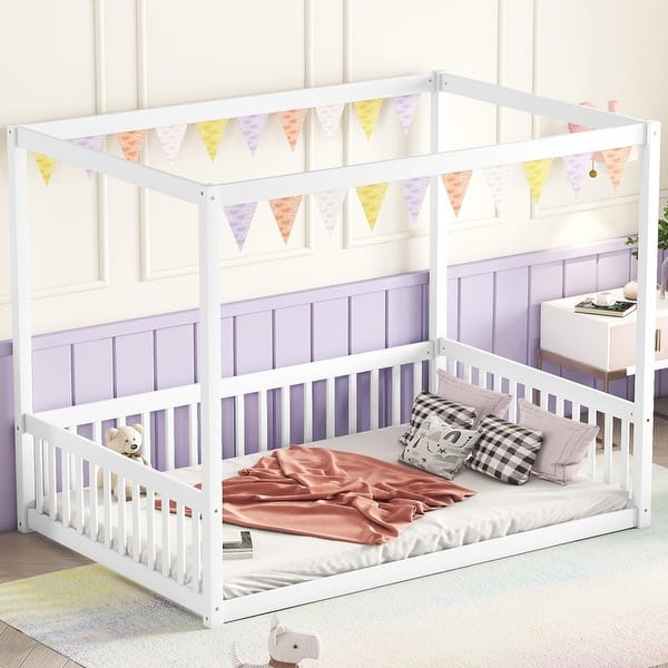 slide 2 of 11, Full Size Canopy Bed Floor Bed with Fence, Guardrails White