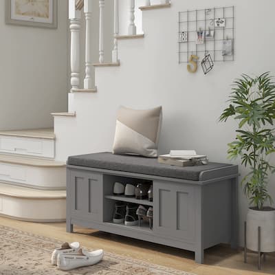 Modern 6 Compartments Shoe Storage Bench with Linen Fabric Cushioned Seat and Sliding Doors - 44" W x 15.75" D x 19.75" H