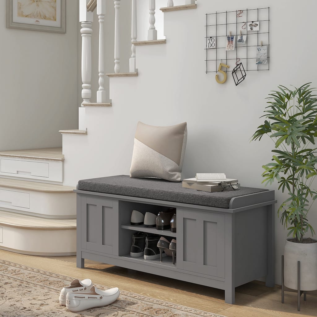 Modern 6 Compartments Shoe Storage Bench with Linen Fabric Cushioned Seat and Sliding Doors - 44" W x 15.75" D x 19.75" H
