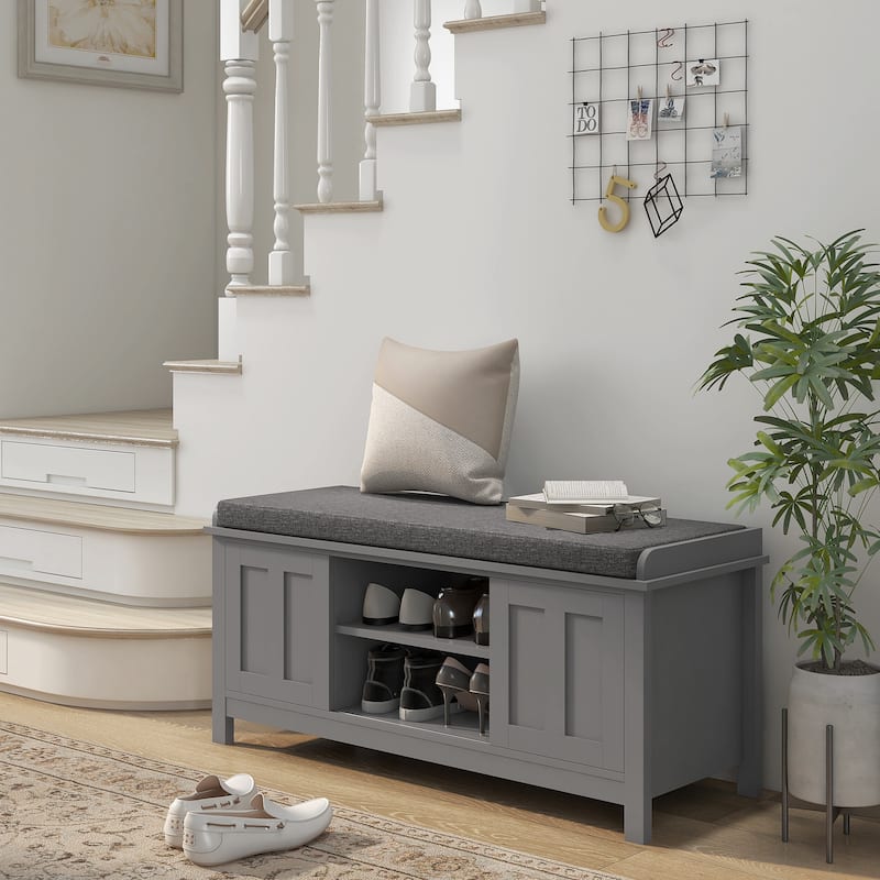 Shoe Rack Bench for Entryway with Cushion, Sliding Doors, 10 Pairs