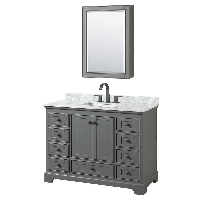 Wyndham Collection Deborah 48" Free Standing Single Vanity Set with - Dark Gray / White Carrara Marble Top / Matte Black - Steel Finish