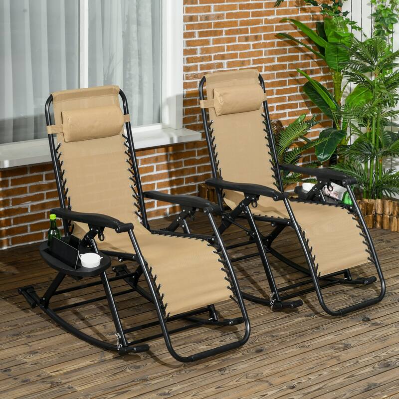 Outsunny 2 Pieces Outdoor Rocking Chairs, Foldable Reclining Zero Gravity Lounge Rocker - Brown