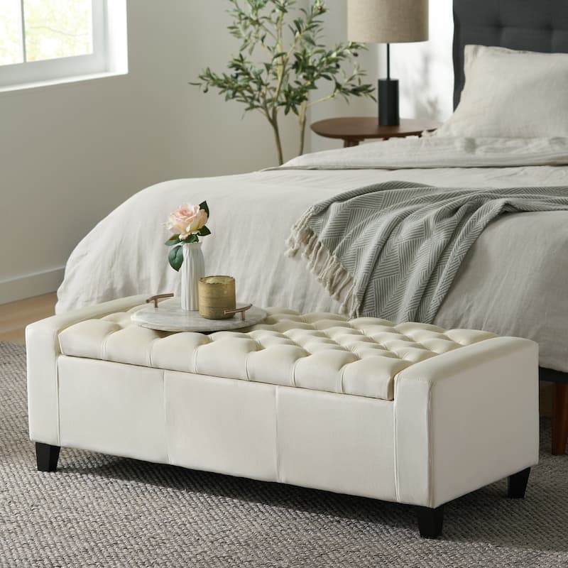 Roomfitters Upholstered Storage Ottoman Bench with Tufted Top, Footrest and Entryway Seat,Ivory
