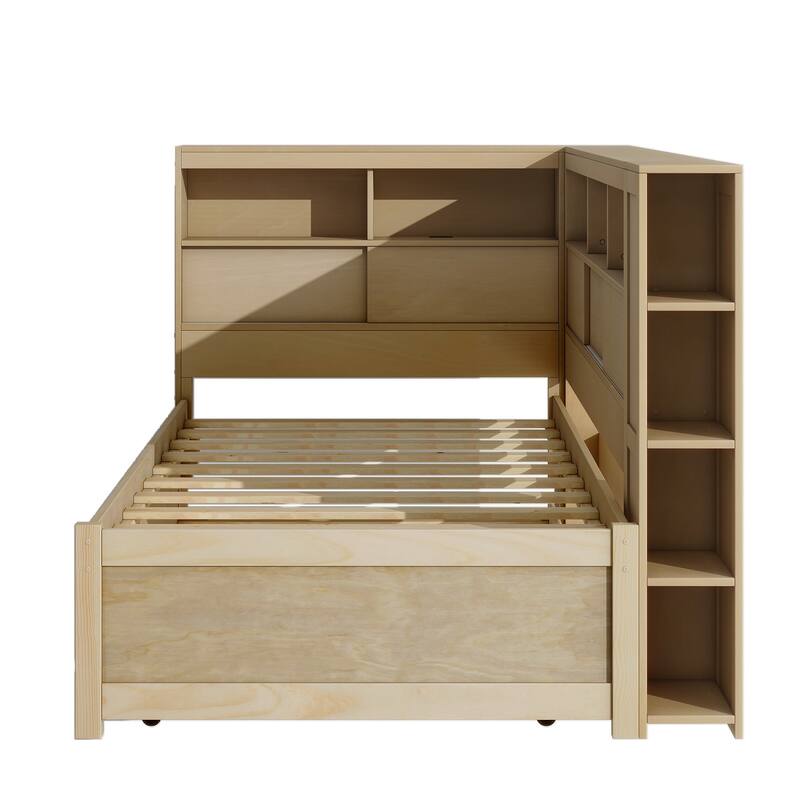 Wooden Twin Daybed with Built-In Storage Shelves, USB Port, and Trundle - Natural