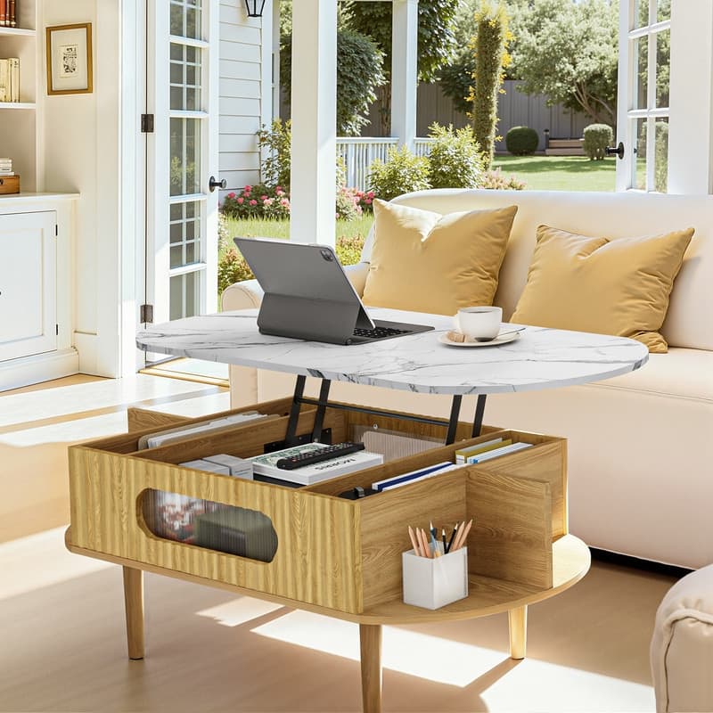 47" Fluted Lift Faux Marble Top Coffee Table, Wood Oval Center Table With 3 Hidden Compartment & 4 Open Space