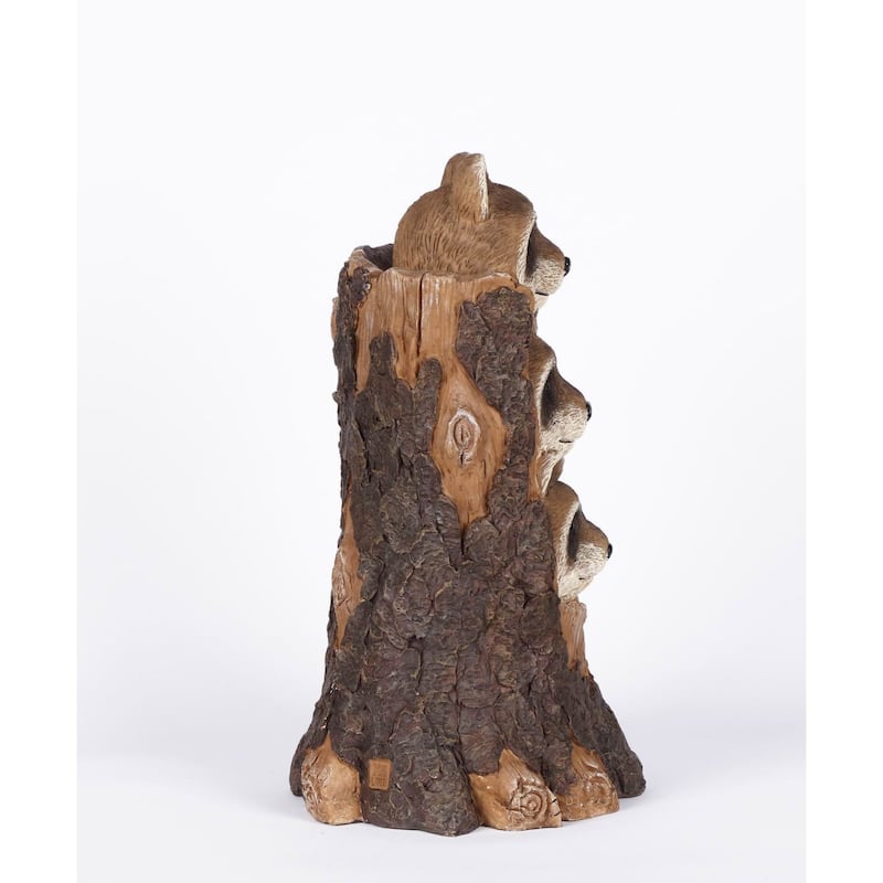 17" Brown Black Three Raccoons a Tree Trunk Welcome Sign Garden Statue