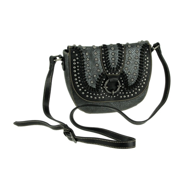 Montana West Concho Collection Floral Embossed Crossbody Saddle Bag. Opens flyout.