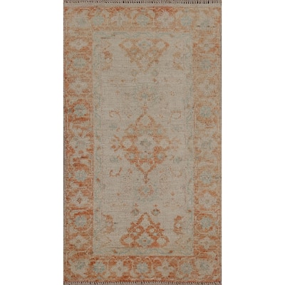 Geometric Oushak Turkish Traditional Oriental Wool Rug Hand-knotted - 1'11" x 3'10"