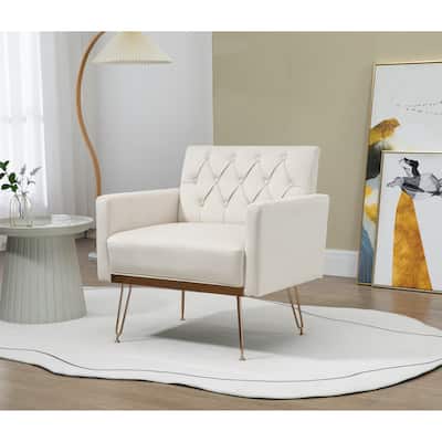 Velvet Upholstered Tufted Modern Wooden Frame Single Armchair With Golden Legs
