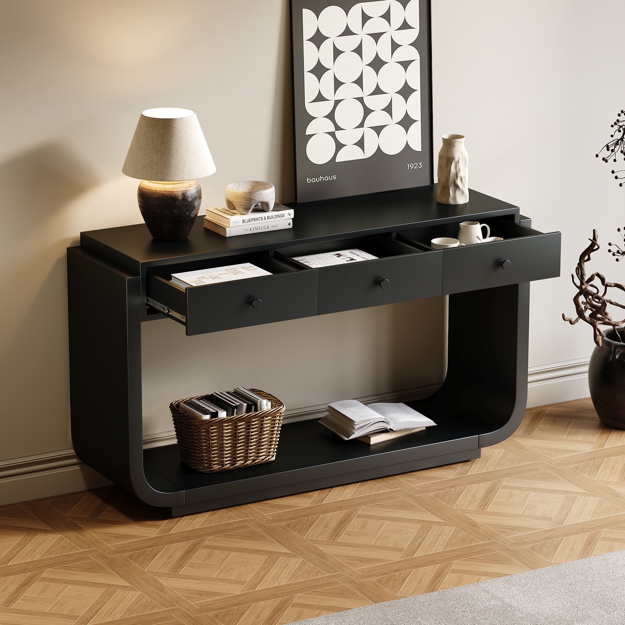 Rustic Console Table Side Table with 3 Storage Drawers, Entryway Table Hallway Table with Bottom Shelf