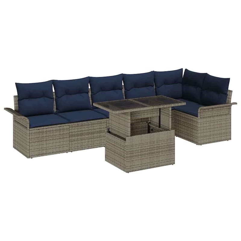 vidaXL 7 Garden Sofa Set with Cushions Black/Brown/Grey Poly Rattan - 92.1 x 52.2 x 27.2