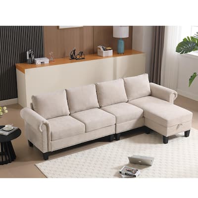 Linen Fabric Sectional Sofa, L-shaped Upholstered Sofa with Storage, Modern Rolled Arms Couch for living room