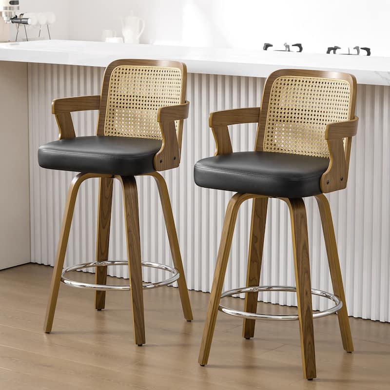 Upholstered Swivel Barstool with Arms and Bentwood Legs - 40.8"H x 18.9"W x 19.5"D/19.3"D