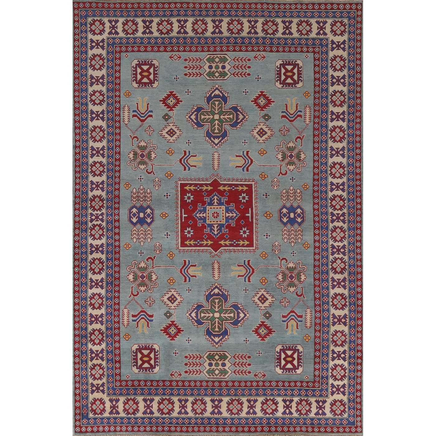 Hand Knotted Oriental 100% Wool Carpet Traditional Geometric Navy Blue & Blues Kazak Area Rug - 9' 8'' X 6' 8''