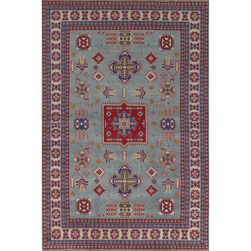 Hand Knotted Oriental 100% Wool Carpet Traditional Geometric Navy Blue & Blues Kazak Area Rug - 9' 8'' X 6' 8''