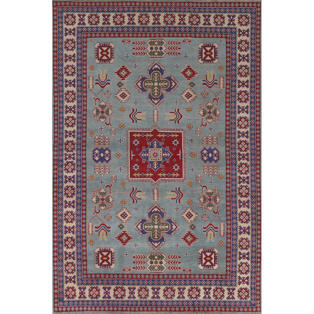 Hand Knotted Oriental 100% Wool Carpet Traditional Geometric Navy Blue & Blues Kazak Area Rug - 9' 8'' X 6' 8''