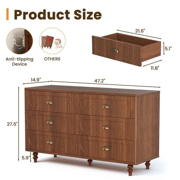 brown long dress long sleeve Fluted 6 Drawers Dresser ,Double Dresser Chest Of Drawers, 47.24