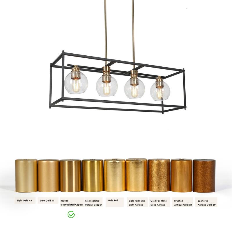 Iain Modern 4-Light Black Gold Chandelier Metal With Seeded Glass Shades Rectangle Kitchen Island Lights for Dining Room
