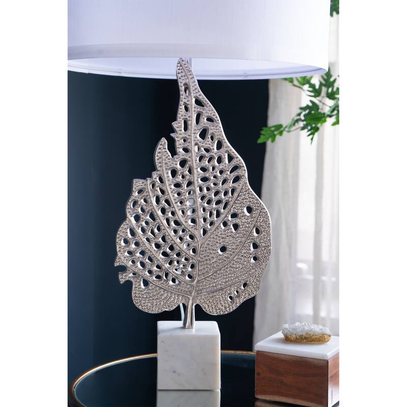 D15x29.3" White and Silver Leaf Table Lamp with Drum Shade and Marble Base