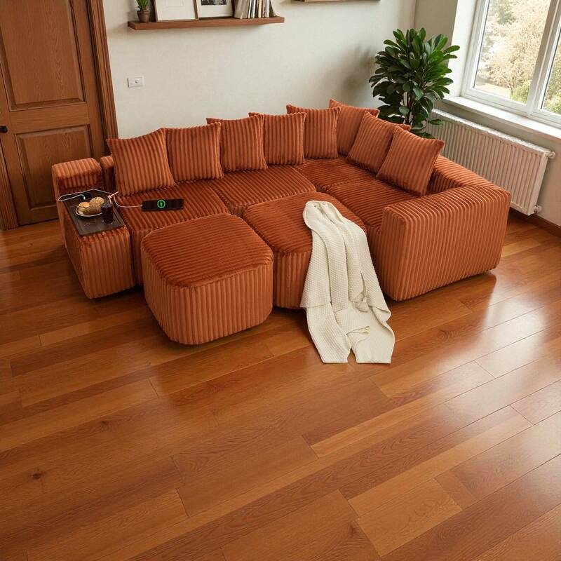 137.5" U-Shaped Modular Sofa with USB & Wireless Charging, Coffee Table Board, Cup Holders, Movable Footstool, Corduroy