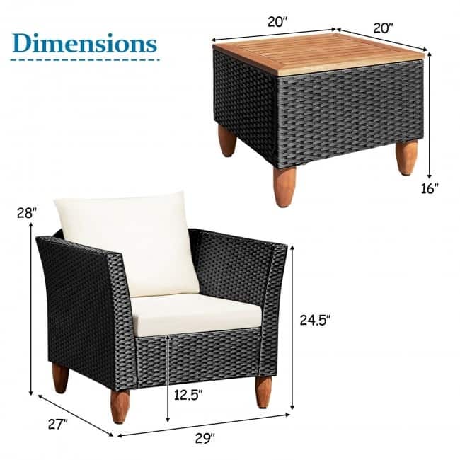 3 Pcs Outdoor Patio Rattan Furniture Set Wooden Table Top Cushioned Sofa - 29" x 27" x 28" (L x W x H)