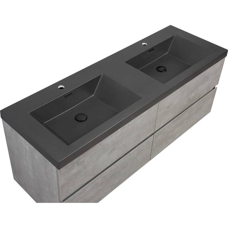 24/30/36/48/60 inch Melamine Floating Bathroom Vanity with Sink and Black Quartz Sand Top Basin and Soft Close Drawers