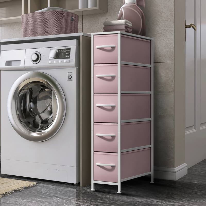 Sorbus Narrow Dresser with 5 Drawers - Vertical Slim Storage Chest of Drawers with Steel Frame, Wood Top & Easy Pull Fabric Bins