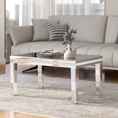 Modern Glass Mirrored Coffee Table with Crystal Design and Adjustable Height Legs