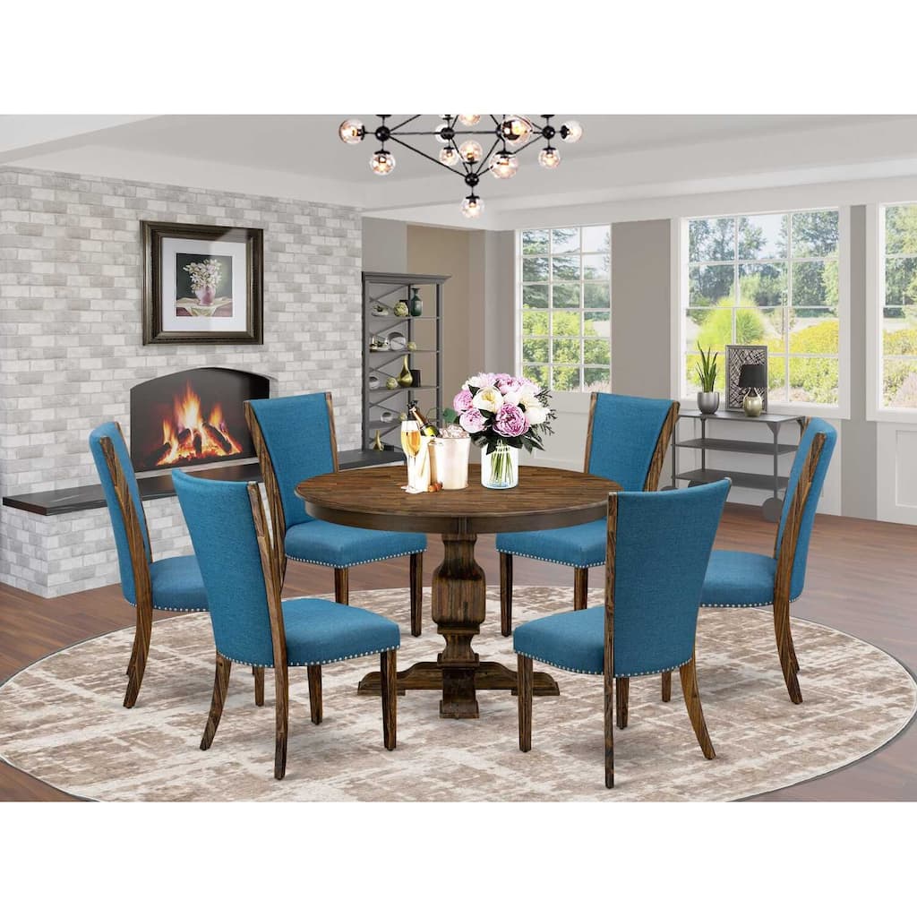 HomeStock 7-Piece Distressed Jacobean Finish Solid Wood Top Dining Table with 6 Parson Chairs