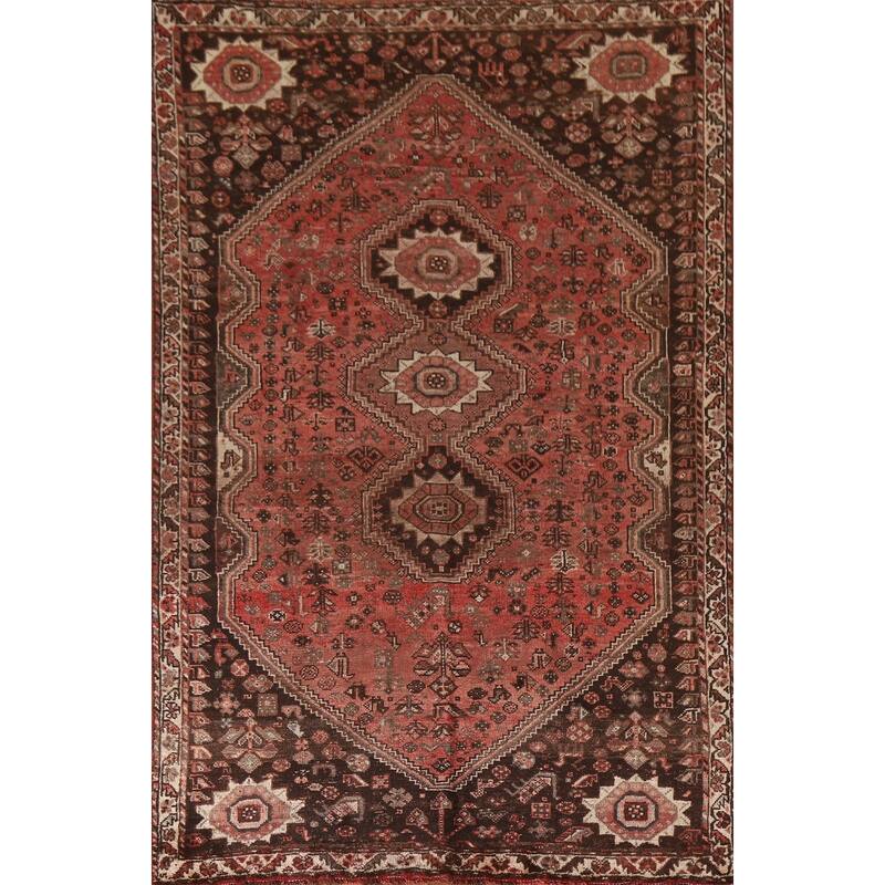 Vegetable Dye Qashqai Persian Antique Rug Hand-knotted Wool Carpet - 5'4"x 8'4"