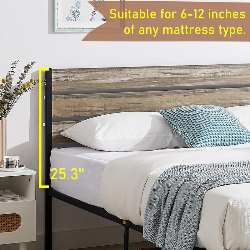 VECELO Industrial Wood Bed Frame with Headboard, Twin Size Beds/Full Size Beds/Queen Size Beds