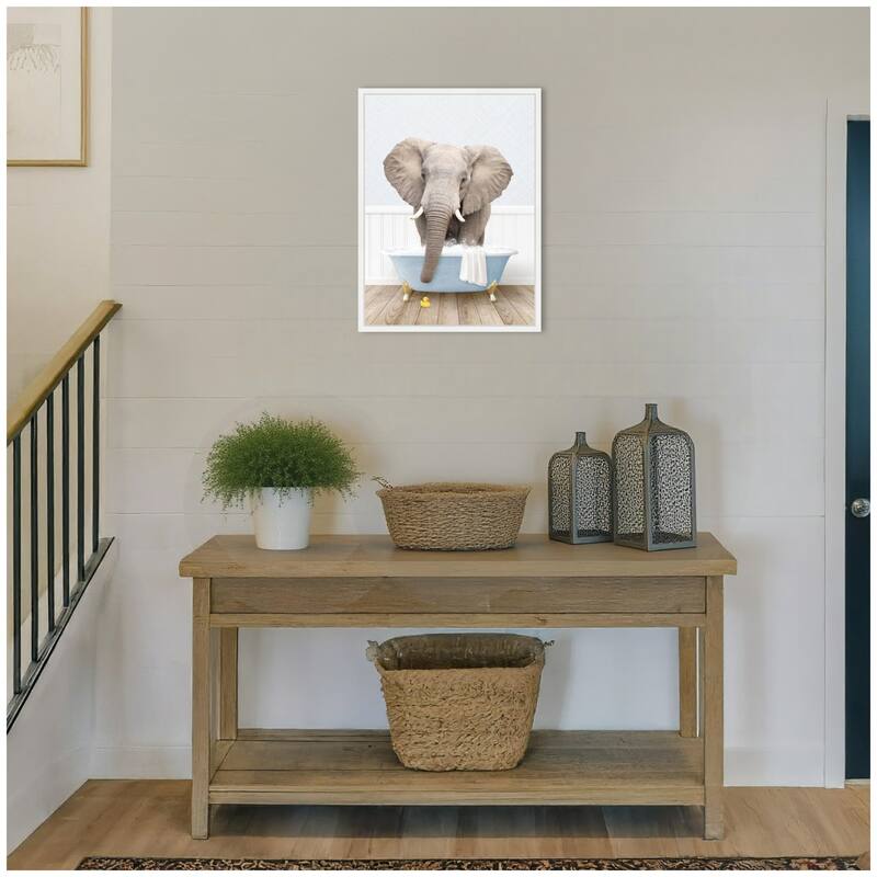 Kate and Laurel Sylvie Elephant Front in Cottage Blue Bathtub Framed Canvas by Amy Peterson