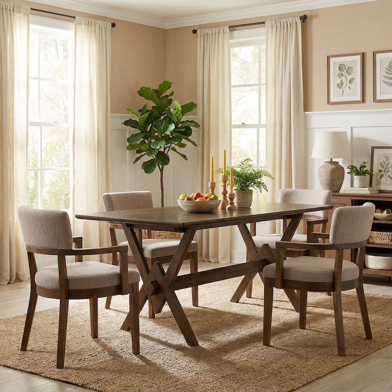 Christopher Knight Home - Modern 5-Piece Dining Set with Rectangular V-Base Dining Table & Hand-Woven Upholstered Dining Chairs - 5-Piece - Khaki+Walnut Finish