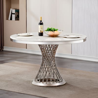 GDFStudio - Bellavue Series 47" Round Marble Dining Table with Stainless Steel Base for Dining Room or Office