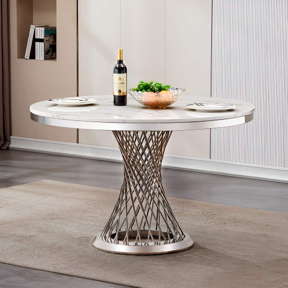 GDFStudio - Bellavue Collection 47" Round Marble Dining Table with Stainless Steel Base for Dining Room or Office