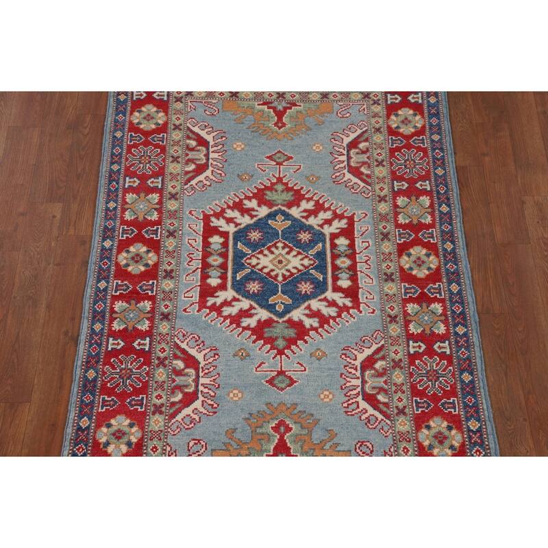 Light Blue Geometric Kazak Rug Handmade Traditional Wool Carpet - 3'0" x 4'11"
